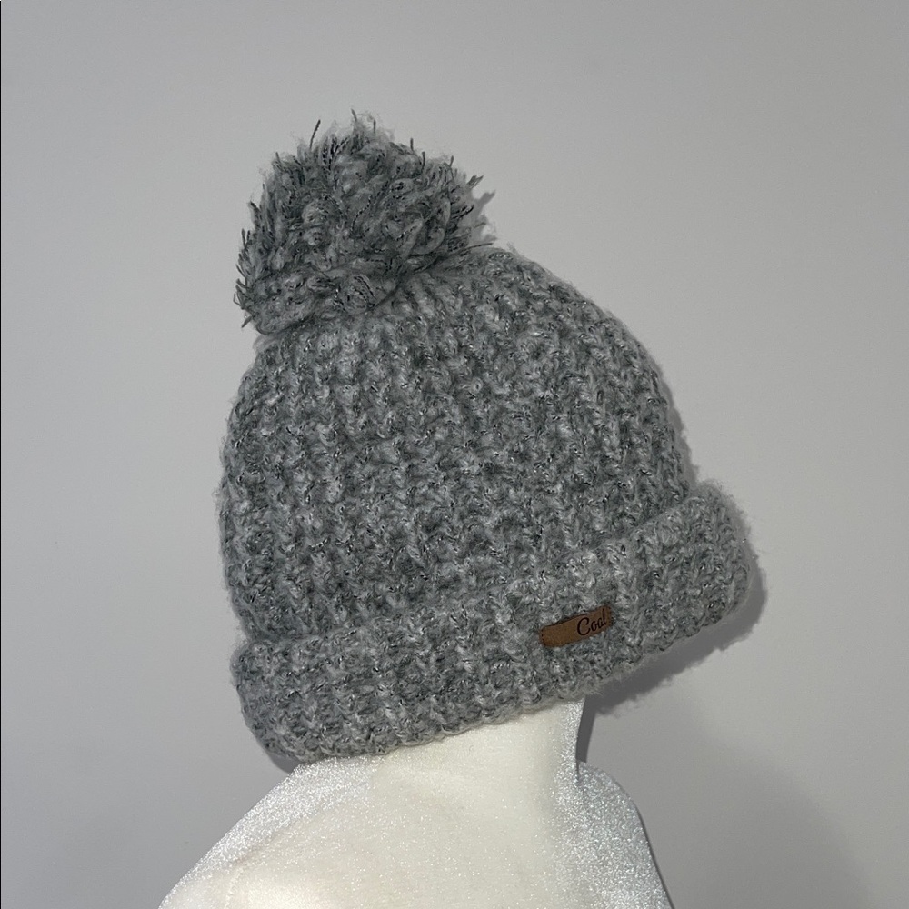 Cozy Kate Gray Waffle Knit Pom-Pom Beanie Double Layered